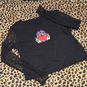 Black Long Sleeve Top with Heart and Flames